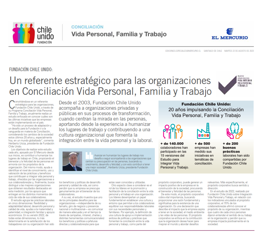 En este momento estás viendo Fundación Chile Unido un referente estratégico para las organizaciones en Conciliación Vida Personal, Familia y Trabajo