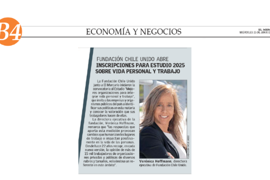 El Mercurio anuncia convocatoria para participar del Estudio “Mejores Organizaciones para Integrar Vida Personal y Trabajo”.